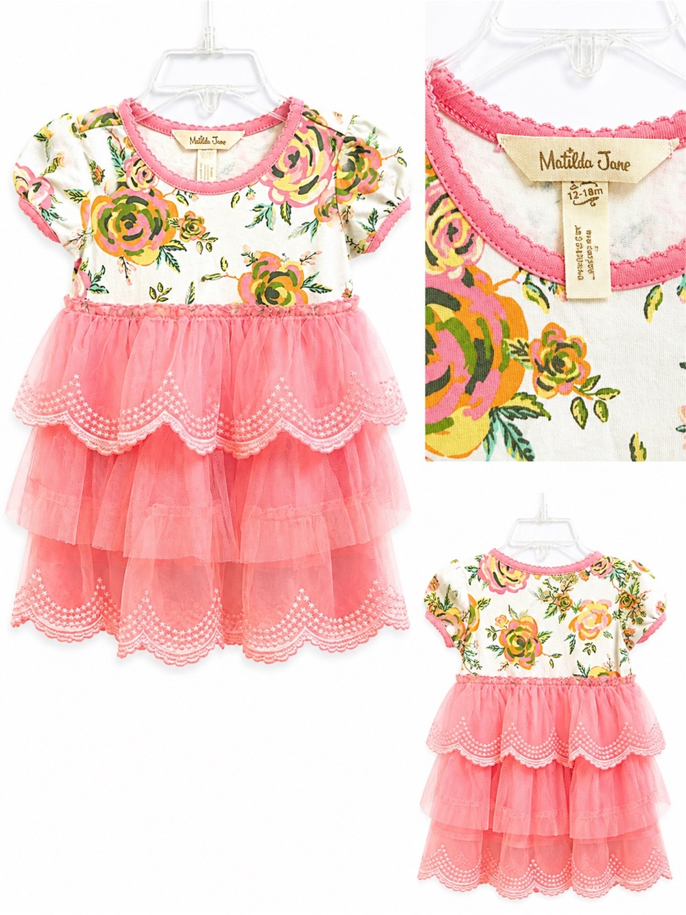 Matilda Jane Coral Pink Floral Tiered Tulle Dress - size 12-18m
